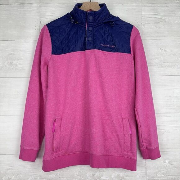 Vineyard Vines Shep Quilted Pullover Hoodie Women S Navy Pink Quarter Snap - Picture 15 of 15